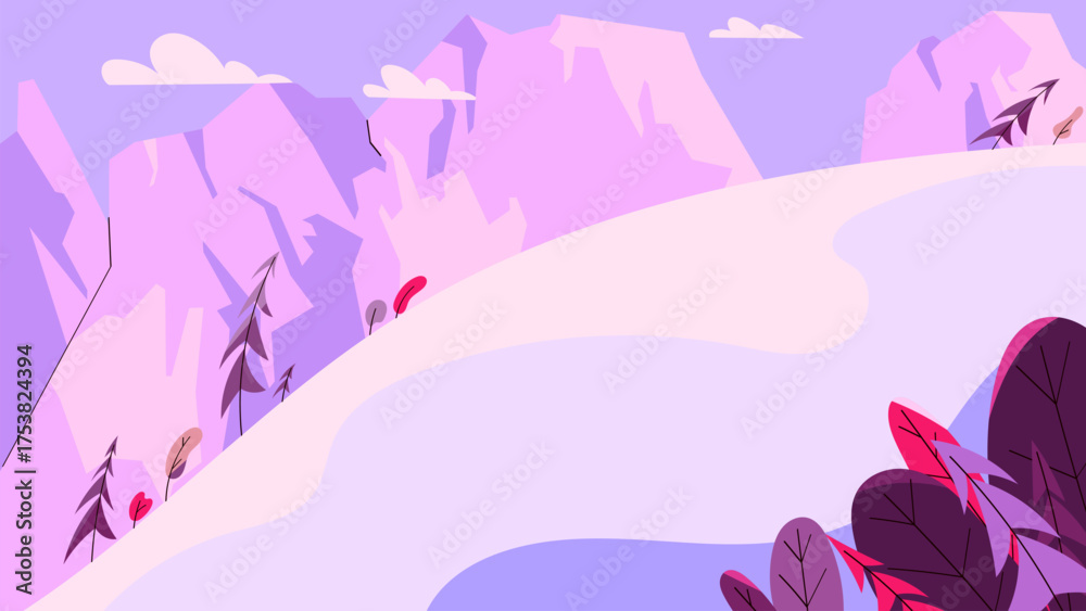 Fototapeta premium Vector winter landscape with snowy mountains, trees, and hills. Minimal and colorful background perfect for ski resort, travel, or holiday design projects