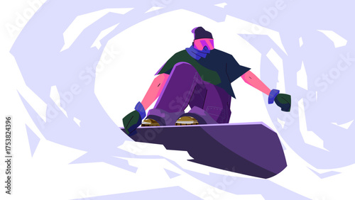 Stylish vector illustration of a snowboarder performing jump in winter mountains. Dynamic motion, modern flat design, and vibrant colors perfect for sport themes