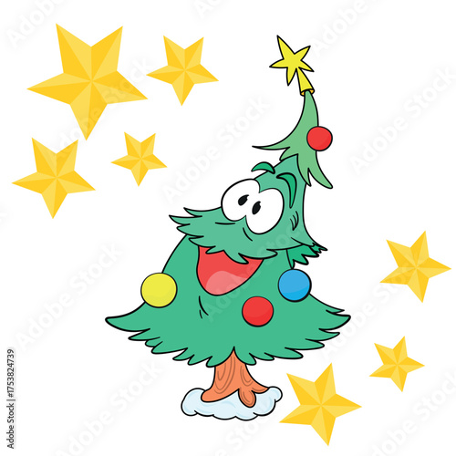 A cheerful Christmas tree decorated with garlands. Surrounded by stars. With a star and decorations—a charming illustration of a festive day.