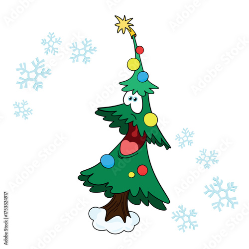 A cheerful Christmas tree with cartoon-style garlands and baubles, surrounded by snowflakes. Winter, Christmas, and New Year, hand-drawn clip art. Vector illustration on a white background.
