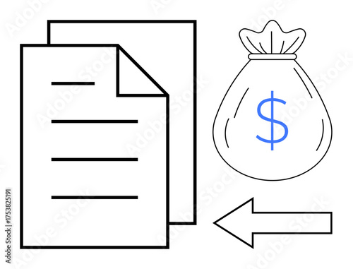 Paper document, money bag with dollar sign, arrow pointing left representing payment, exchange, refund, or financial transfer. Ideal for finance, banking, accounting payment systems refunds