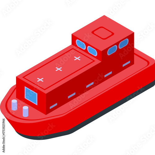 Tableau sur toile Isometric Red Rescue Boat With Blue Windows Floating On Water With Transparent B