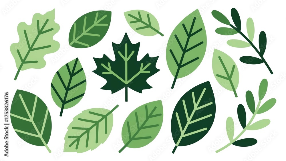 Naklejka premium Stylized collection of various green tree leaves and foliage elements in a flat design