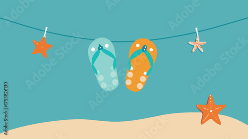 Vector art of flipflops and starfish hang on the clothesline with a blue sky and sand in the background on a bright sunny day