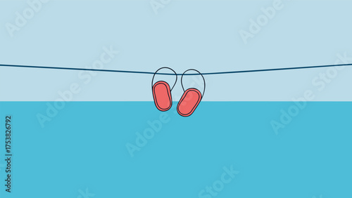 Vector art of a pair of flip flops hanging on a clothesline against a blue background, symbolizing summer vacation and relaxation