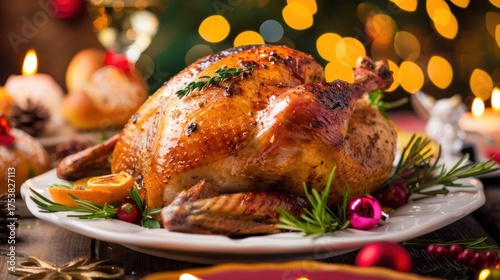 Christmas Dinner Turkey: The Iconic Centerpiece of Festive Holiday Meals – Showcasing Juicy, Herb-Roasted Perfection, Garnished with Cranberries, Rosemary, and Gravy, Ideal for Family Gatherings, Holi