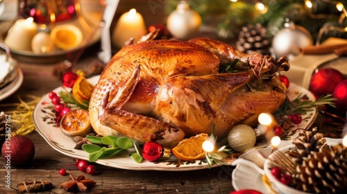 Christmas Dinner Turkey: The Iconic Centerpiece of Festive Holiday Meals – Showcasing Juicy, Herb-Roasted Perfection, Garnished with Cranberries, Rosemary, and Gravy, Ideal for Family Gatherings, Holi