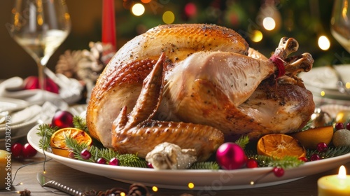 Christmas Dinner Turkey: The Iconic Centerpiece of Festive Holiday Meals – Showcasing Juicy, Herb-Roasted Perfection, Garnished with Cranberries, Rosemary, and Gravy, Ideal for Family Gatherings, Holi