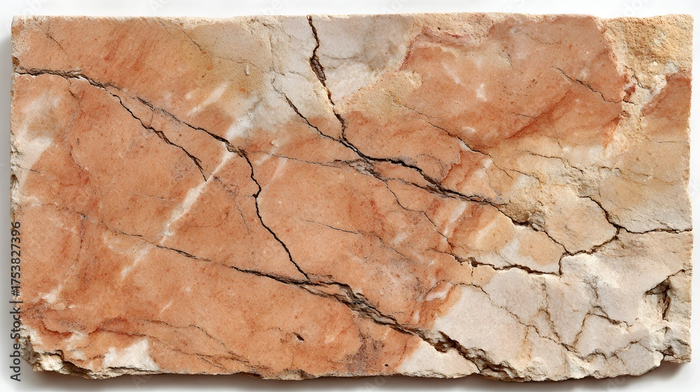 Fototapeta premium Cracked pink and white marble slab shows natural geological patterns.