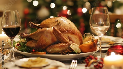 Christmas Dinner Turkey: The Iconic Centerpiece of Festive Holiday Meals – Showcasing Juicy, Herb-Roasted Perfection, Garnished with Cranberries, Rosemary, and Gravy, Ideal for Family Gatherings, Holi