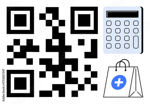 QR code next to calculator and shopping bag with medical cross. Ideal for online shopping, contactless payment, financial technology, healthcare, digital marketing, e-commerce, simple flat metaphor