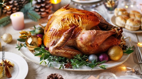 Christmas Dinner Turkey: The Iconic Centerpiece of Festive Holiday Meals – Showcasing Juicy, Herb-Roasted Perfection, Garnished with Cranberries, Rosemary, and Gravy, Ideal for Family Gatherings, Holi