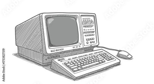 Vintage Computer Illustration: Retro Tech in Black and White Sketch