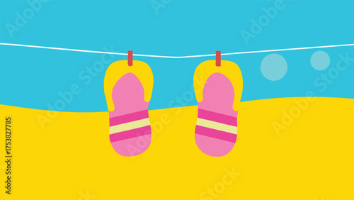 Vector art of colorful flipflops hanging on a line at the beach, symbolizing summer vacation and relaxation under the sun