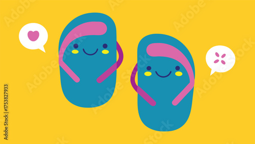 Vector art of cheerful flip flops with cute faces sharing love and good vibes on a sunny yellow background, perfect for summer
