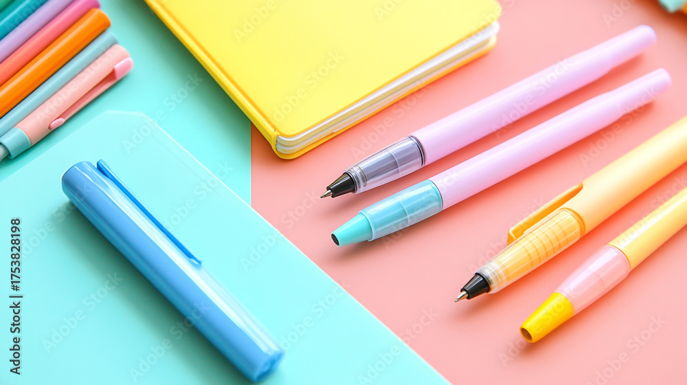 Fototapeta premium A vibrant flat lay composition featuring colorful pens, notebooks, and stationery items arranged on a pastelcolored surface, creating a cheerful and creative workspace