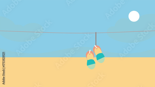 Vector art of a pair of flip flops hanging on a clothesline at the beach under the sun, evoking a sense of summer vacation relaxation