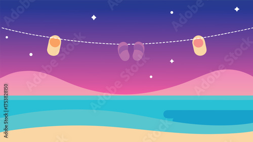 Vector art of a pair of flip flops hanging on a clothesline at the beach under the stars, evoking a sense of summer vacation relaxation