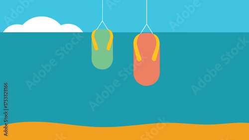 Vector art of a whimsical illustration of flip flops hanging from strings against a blue sky with a white cloud and sandy beach