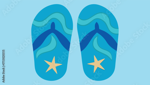 Vector art of a pair of blue flipflops with wave patterns and star accents, perfect for a beach day