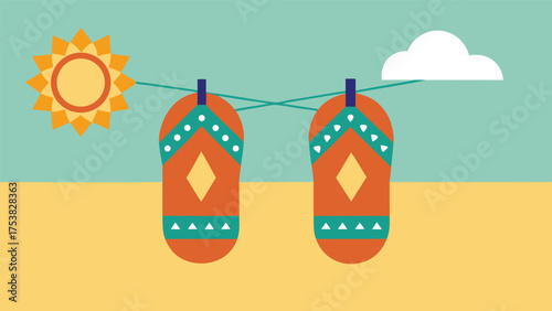 Vector art of a pair of flip flops hang on a line between a sun and a cloud in this vector illustration