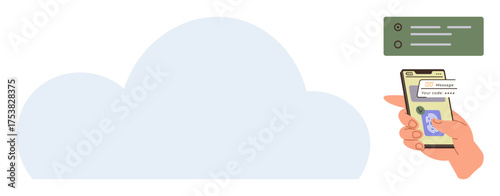 Large cloud with smartphone in hand, displaying messages and notifications. Ideal for cloud storage, data transfer, messaging, technology, connectivity, mobile apps digital communication. Simple