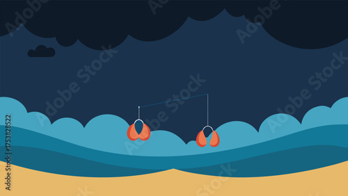 Vector art of a pair of flip flops floating in the ocean during a storm with dark clouds in the sky above the water