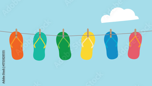 Vector art of colorful flip flops hanging on a clothesline with a cloud in the sky, perfect for summer vacation and beach days
