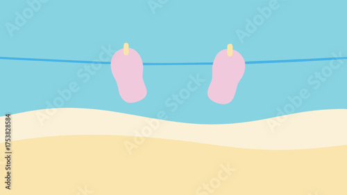 Vector art of baby booties hanging on a clothesline with a beach in the background, perfect for baby shower and newborn