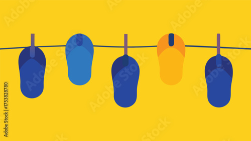Vector art of five colorful flip flops hang on a clothesline against a bright yellow background, summer vacation concept