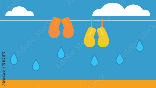 Vector art of a whimsical illustration of flip flops hanging from clouds in the rain evokes a sense of summer melancholy and nostalgia
