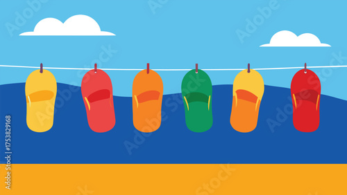 Vector art of six colorful flip flops hanging on a clothesline against a blue sky, creating a cheerful and summery beach vacation vibe