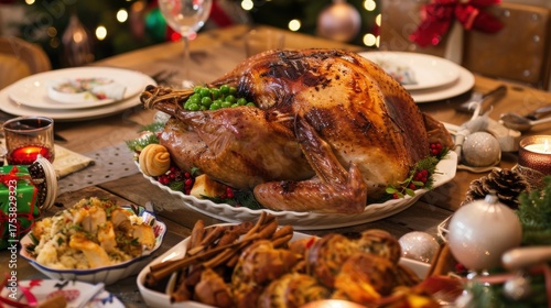 Christmas Dinner Turkey: The Iconic Centerpiece of Festive Holiday Meals – Showcasing Juicy, Herb-Roasted Perfection, Garnished with Cranberries, Rosemary, and Gravy, Ideal for Family Gatherings, Holi