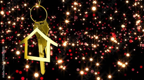 On start gold house-shaped keyring rotating clockwise reflecting sparkles showing shimmer