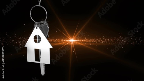 Descending metallic house-shaped keychain and keys rotating, showcasing front and back view in 3D