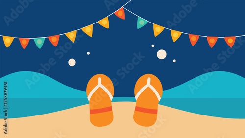 Vector art of orange flip flops on a sandy beach with colorful flags and a blue sky create a festive summer vacation scene