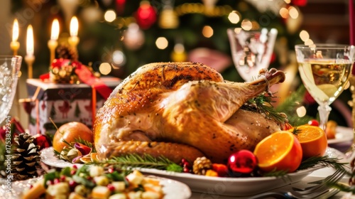 Christmas Dinner Turkey: The Iconic Centerpiece of Festive Holiday Meals – Showcasing Juicy, Herb-Roasted Perfection, Garnished with Cranberries, Rosemary, and Gravy, Ideal for Family Gatherings, Holi
