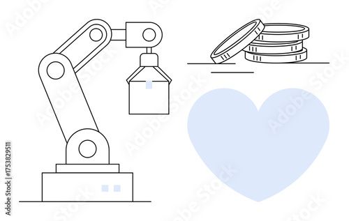 Robotic arm lifting an object, coins symbolizing economy, and heart representing empathy. Ideal for technology, automation, innovation, economy, robotics human connection AI ethics. Simple flat