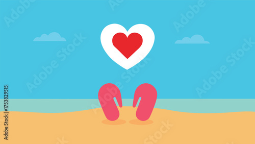Vector art of a loving beach scene with sandals on the sand and a heart in the sky, symbolizing love, vacation, and summer romance
