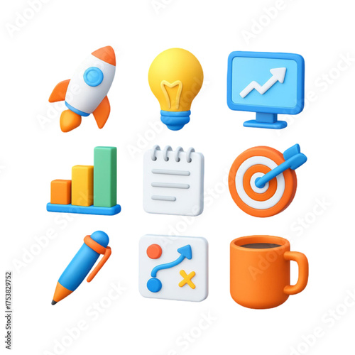 Business icons set for startup growth and planning isolated on transparent background