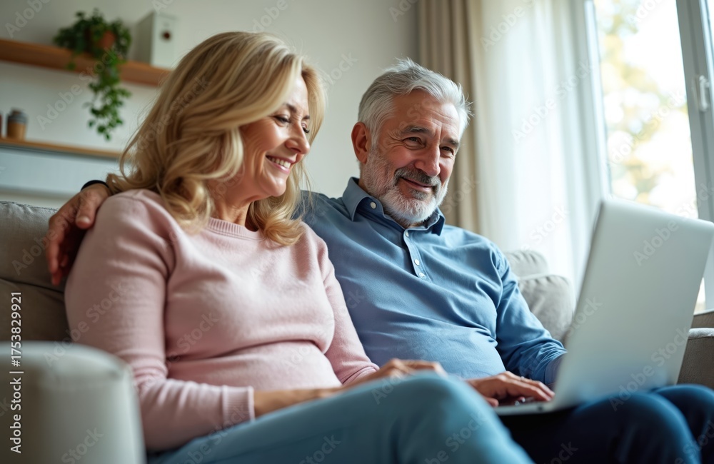 Fototapeta premium Happy senior couple on couch using laptop. They research trip plans, browse web for travel info and book holiday. Smiling marriage uses tech for vacation planning at home.