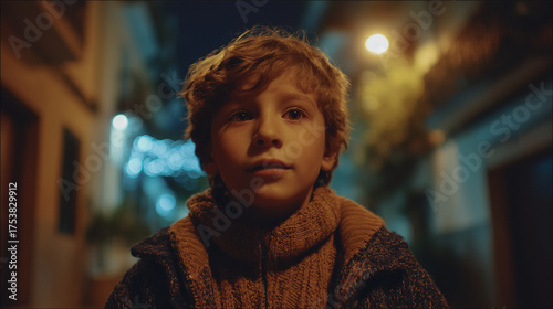 Lonely Child Walking on a Brightly Lit Street at Night