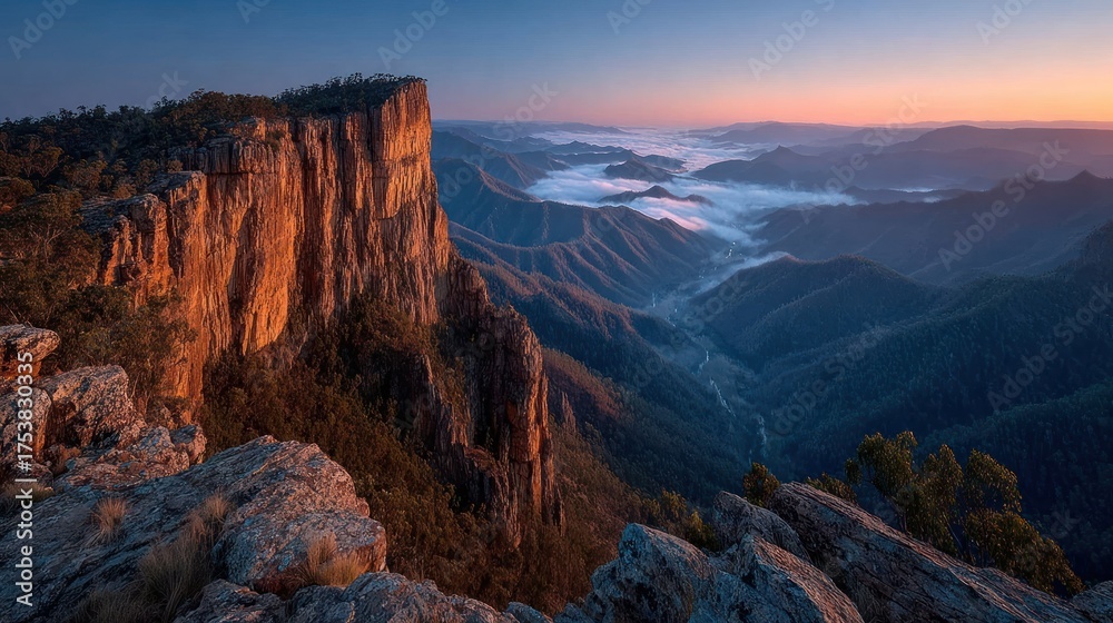 Obraz premium Dramatic Sunrise Over Mountain Peaks and Valley