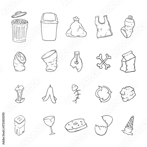 A collection of hand-drawn black and white illustrations of various types of waste and recycling symbols.