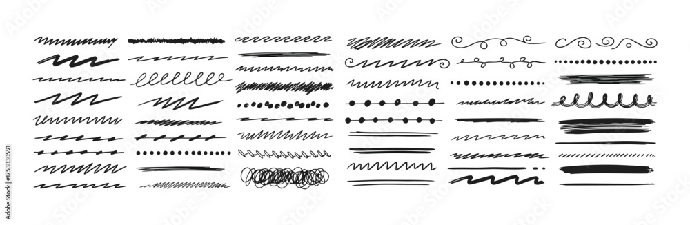 Obraz premium Hand-Drawn Scribble Brush Stroke Divider Lines and Borders Set for Graphic Design and Text Underlines