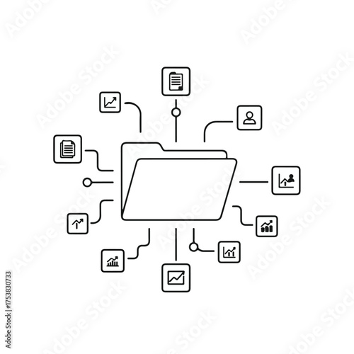 Icon Representing Data Organization and Analysis with Charts Documents and User Profiles