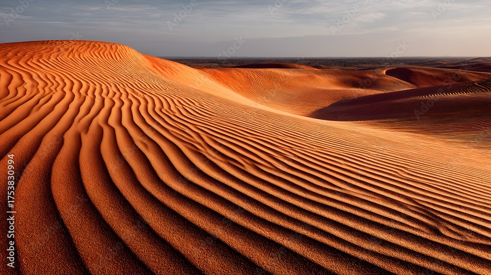 Naklejka premium Rippling golden sand dunes under a vast sky.