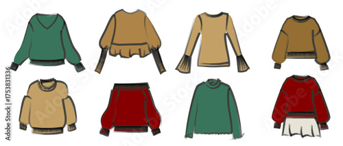 秋冬の手描き風セーターとブラウスのベクターイラスト