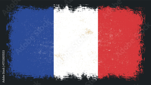 French flag illustration with a grunge effect and vintage feel. It showcases the blue, white, and red colors representing the French nation