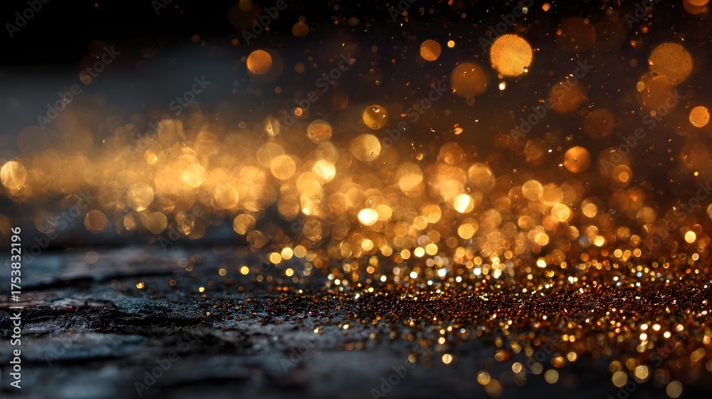Naklejka premium Golden glitter particles illuminate a textured dark surface with bokeh.